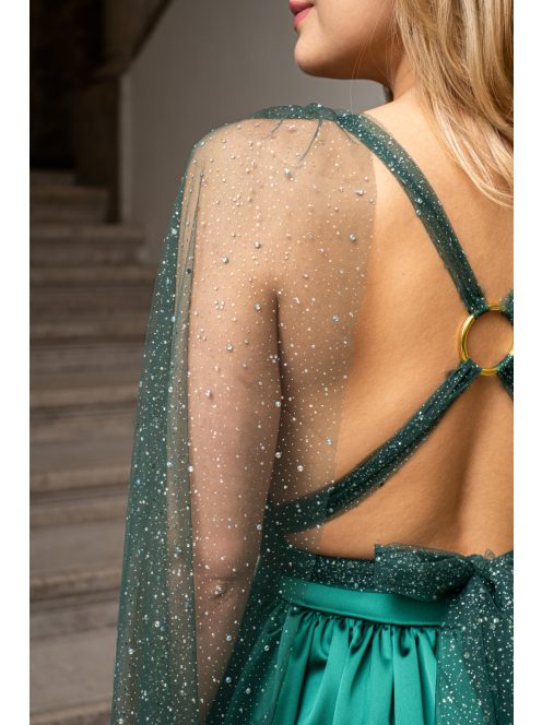 Scarlett - špeciálne maxi šaty s prekríženou látkou na chrbte a flitrovým tylom, v zelenej farbe 