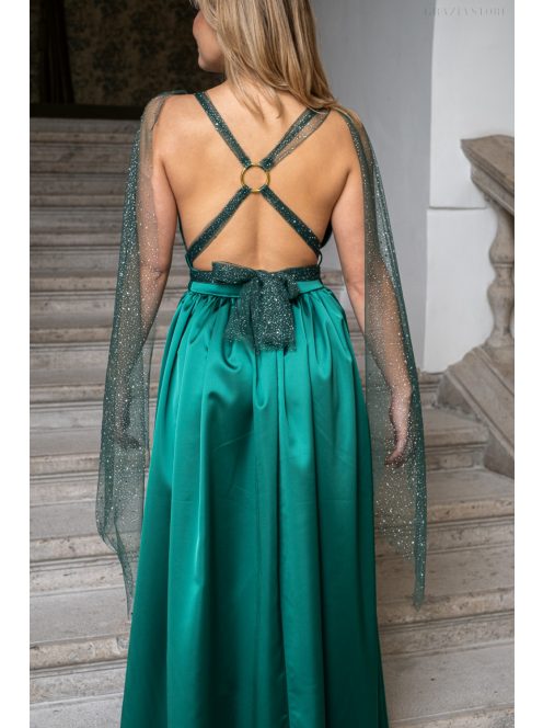 Scarlett - špeciálne maxi šaty s prekríženou látkou na chrbte a flitrovým tylom, v zelenej farbe 