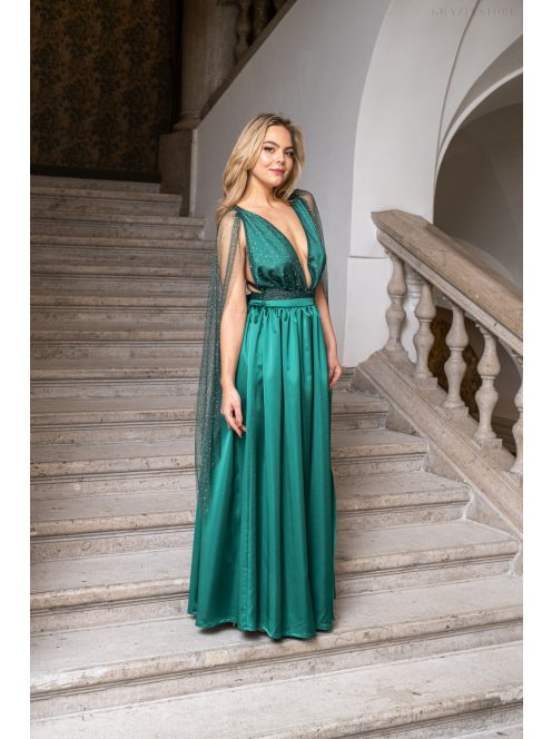 Scarlett - špeciálne maxi šaty s prekríženou látkou na chrbte a flitrovým tylom, v zelenej farbe 