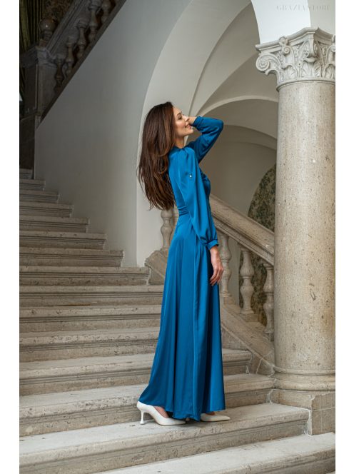 Dia - maxi šaty s dlhým rukávom na gombíky z ľahkého saténového materiálu, v petrolejovej farbe