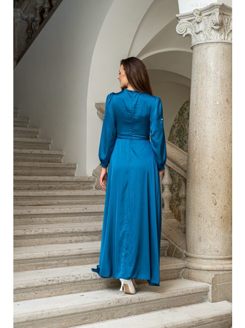 Dia - maxi šaty s dlhým rukávom na gombíky z ľahkého saténového materiálu, v petrolejovej farbe