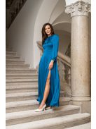 Dia - maxi šaty s dlhým rukávom na gombíky z ľahkého saténového materiálu, v petrolejovej farbe