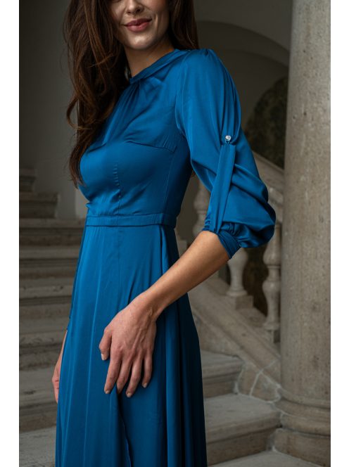 Dia - maxi šaty s dlhým rukávom na gombíky z ľahkého saténového materiálu, v petrolejovej farbe