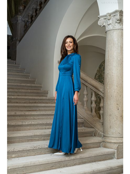 Dia - maxi šaty s dlhým rukávom na gombíky z ľahkého saténového materiálu, v petrolejovej farbe