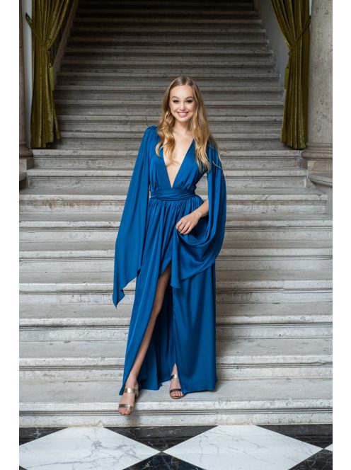 Scarlett - špeciálne maxi šaty s prekríženou látkou na chrbte zo saténového materiálu, v petrolejovej farbe 