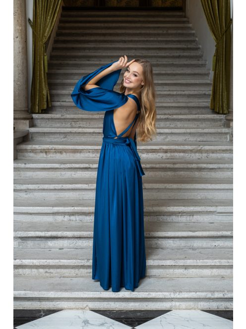 Scarlett - špeciálne maxi šaty s prekríženou látkou na chrbte zo saténového materiálu, v petrolejovej farbe 