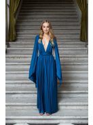 Scarlett - špeciálne maxi šaty s prekríženou látkou na chrbte zo saténového materiálu, v petrolejovej farbe 