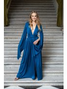 Scarlett - špeciálne maxi šaty s prekríženou látkou na chrbte zo saténového materiálu, v petrolejovej farbe 