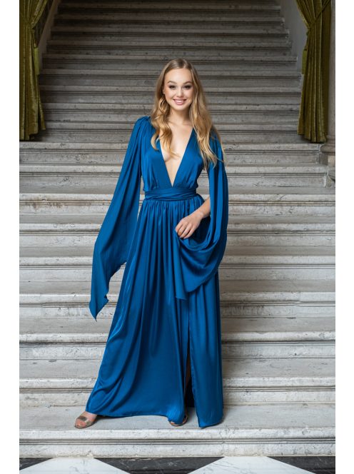 Scarlett - špeciálne maxi šaty s prekríženou látkou na chrbte zo saténového materiálu, v petrolejovej farbe 