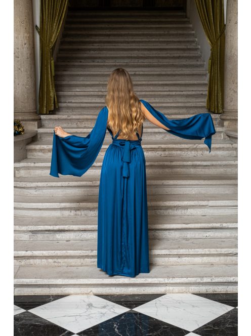 Scarlett - špeciálne maxi šaty s prekríženou látkou na chrbte zo saténového materiálu, v petrolejovej farbe 