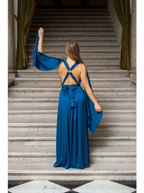Scarlett - špeciálne maxi šaty s prekríženou látkou na chrbte zo saténového materiálu, v petrolejovej farbe 