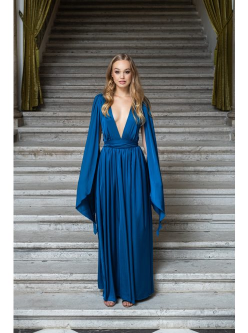 Scarlett - špeciálne maxi šaty s prekríženou látkou na chrbte zo saténového materiálu, v petrolejovej farbe 