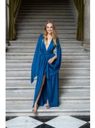 Scarlett - špeciálne maxi šaty s prekríženou látkou na chrbte zo saténového materiálu, v petrolejovej farbe 