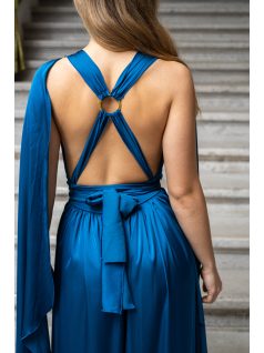   Scarlett - špeciálne maxi šaty s prekríženou látkou na chrbte zo saténového materiálu, v petrolejovej farbe 