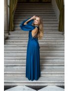 Scarlett - špeciálne maxi šaty s prekríženou látkou na chrbte zo saténového materiálu, v petrolejovej farbe 