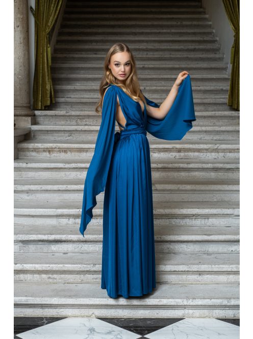 Scarlett - špeciálne maxi šaty s prekríženou látkou na chrbte zo saténového materiálu, v petrolejovej farbe 