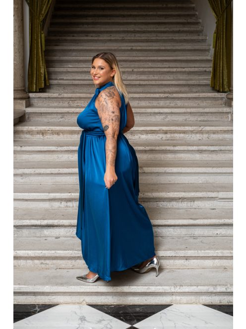 Olga - maxi šaty so zaväzovaním okolo krku a pásu, z light saténového materiálu, v petrolejovej farbe