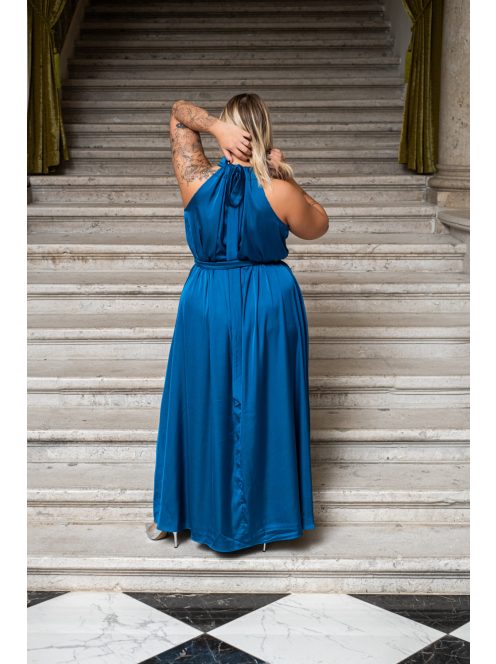 Olga - maxi šaty so zaväzovaním okolo krku a pásu, z light saténového materiálu, v petrolejovej farbe