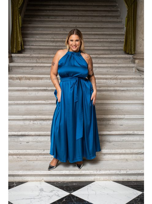 Olga - maxi šaty so zaväzovaním okolo krku a pásu, z light saténového materiálu, v petrolejovej farbe