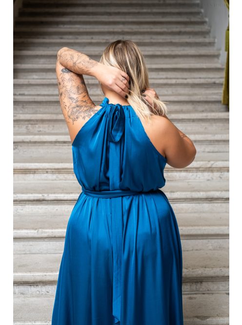 Olga - maxi šaty so zaväzovaním okolo krku a pásu, z light saténového materiálu, v petrolejovej farbe