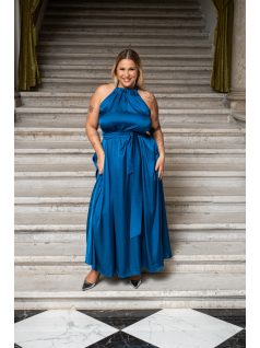   Olga - maxi šaty so zaväzovaním okolo krku a pásu, z light saténového materiálu, v petrolejovej farbe