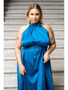   Olga - maxi šaty so zaväzovaním okolo krku a pásu, z light saténového materiálu, v petrolejovej farbe