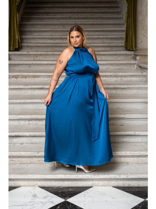 Olga - maxi šaty so zaväzovaním okolo krku a pásu, z light saténového materiálu, v petrolejovej farbe