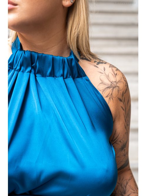 Olga - maxi šaty so zaväzovaním okolo krku a pásu, z light saténového materiálu, v petrolejovej farbe