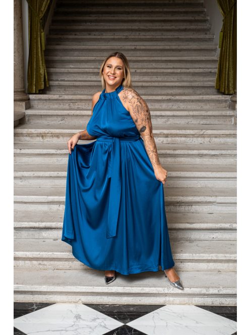 Olga - maxi šaty so zaväzovaním okolo krku a pásu, z light saténového materiálu, v petrolejovej farbe