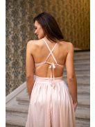 Emma - broskyňové maxi šaty s výstrihom do V so špeciálnym zadným dielom z ľahkého saténového materiálu