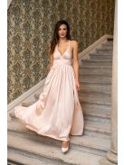 Emma - broskyňové maxi šaty s výstrihom do V so špeciálnym zadným dielom z ľahkého saténového materiálu