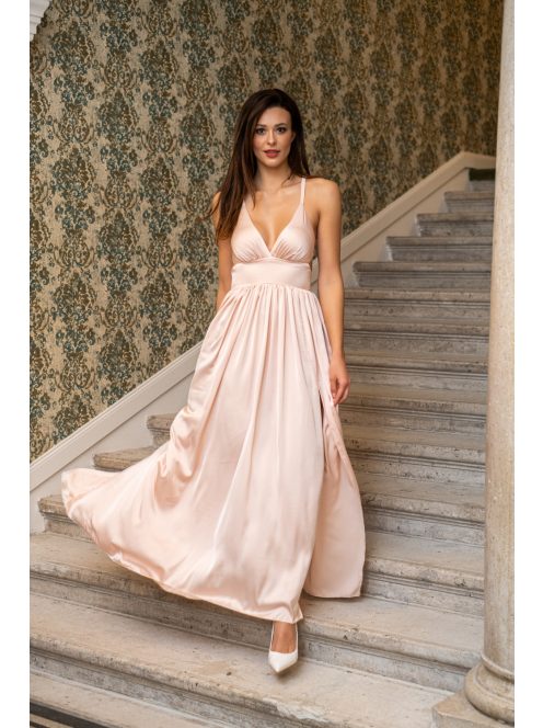 Emma - broskyňové maxi šaty s výstrihom do V so špeciálnym zadným dielom z ľahkého saténového materiálu