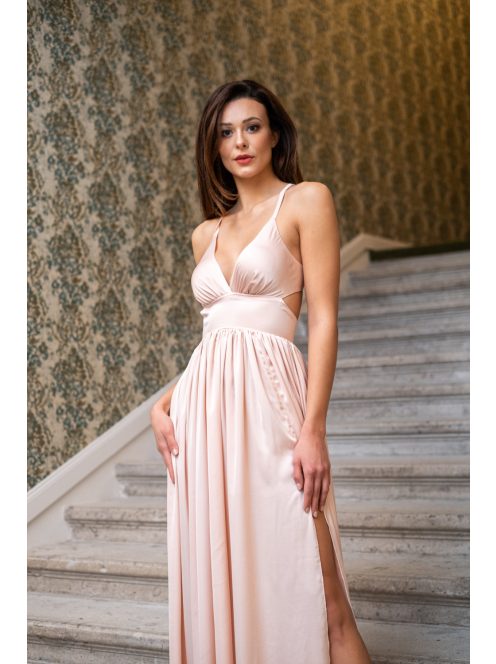 Emma - broskyňové maxi šaty s výstrihom do V so špeciálnym zadným dielom z ľahkého saténového materiálu