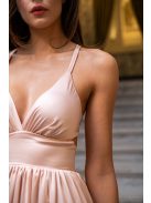 Emma - broskyňové maxi šaty s výstrihom do V so špeciálnym zadným dielom z ľahkého saténového materiálu