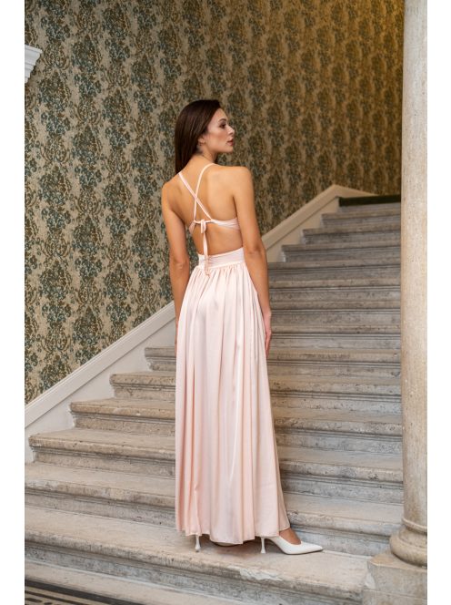 Emma - broskyňové maxi šaty s výstrihom do V so špeciálnym zadným dielom z ľahkého saténového materiálu