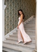 Emma - broskyňové maxi šaty s výstrihom do V so špeciálnym zadným dielom z ľahkého saténového materiálu