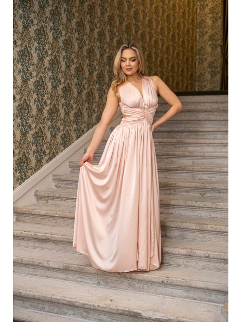 Kamilla - špeciálne maxi šaty so šnurovaním na chrbte, z light saténového materiálu, v broskyňovej farbe