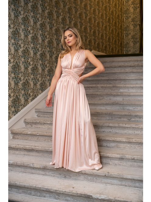 Kamilla - špeciálne maxi šaty so šnurovaním na chrbte, z light saténového materiálu, v broskyňovej farbe