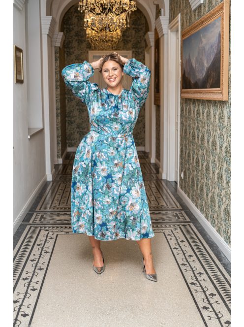 Dia - maxi šaty s dlhým rukávom na gombíky zo vzorovaného, light saténového materiálu