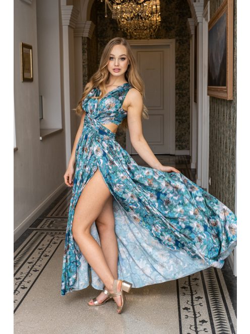 Kamilla - špeciálne maxi šaty so šnurovaním na chrbte, vzorované, z light saténového materiálu