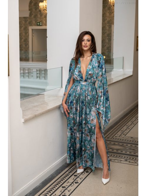 Scarlett - špeciálne, vzorované maxi šaty s prekríženou látkou na chrbte, z light saténového materiálu