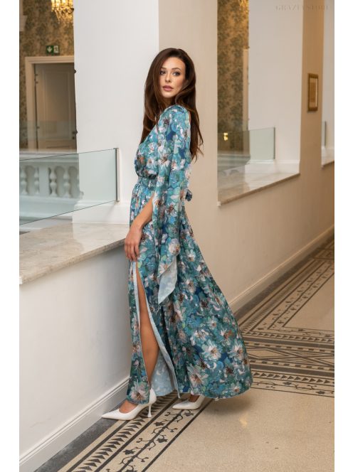 Scarlett - špeciálne, vzorované maxi šaty s prekríženou látkou na chrbte, z light saténového materiálu