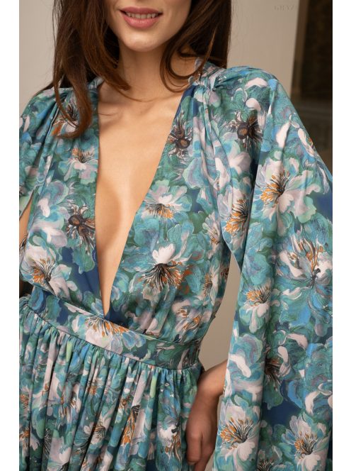 Scarlett - špeciálne, vzorované maxi šaty s prekríženou látkou na chrbte, z light saténového materiálu