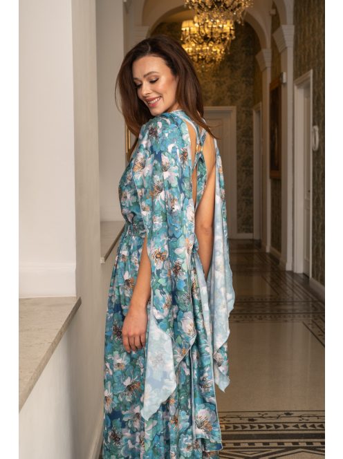 Scarlett - špeciálne, vzorované maxi šaty s prekríženou látkou na chrbte, z light saténového materiálu