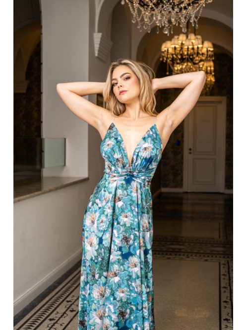 Zelma -  vzorované maxi šaty s hlbokým výstrihom a špagetovými ramienkami, z light saténového materiálu