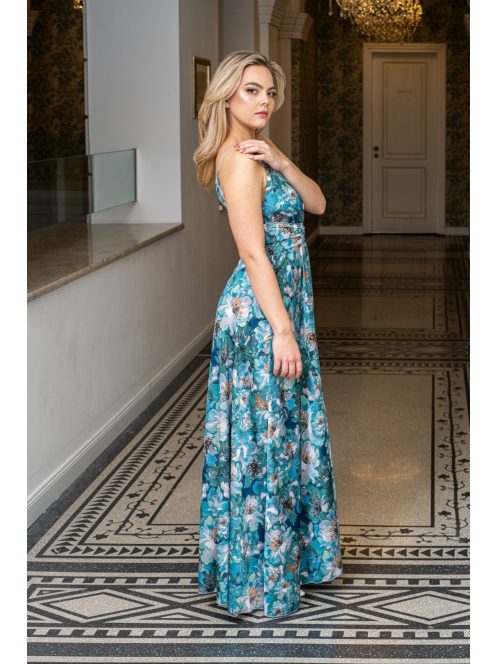 Zelma -  vzorované maxi šaty s hlbokým výstrihom a špagetovými ramienkami, z light saténového materiálu