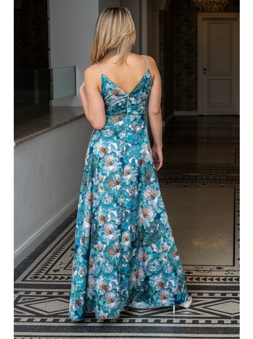 Zelma -  vzorované maxi šaty s hlbokým výstrihom a špagetovými ramienkami, z light saténového materiálu