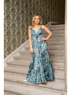   Zelma -  vzorované maxi šaty s hlbokým výstrihom a špagetovými ramienkami, z light saténového materiálu