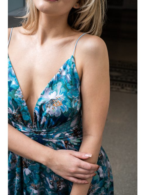 Zelma -  vzorované maxi šaty s hlbokým výstrihom a špagetovými ramienkami, z light saténového materiálu