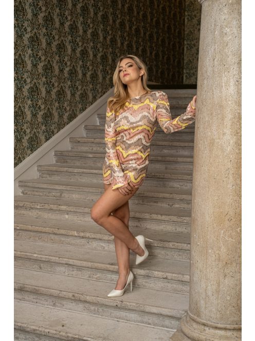 Stefin - farebné, flitrové minišaty s dlhým rukávom a hlbokým V výstrihom na chrbte